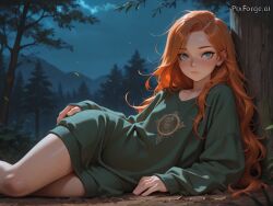 freckles oversized_clothes athletic_body wind night ginger looking_at_viewer extremely_long_hair alone green_clothing elaborate_clothing rich_clothing expensive_clothing laying_under_tree ai_generated 1girl