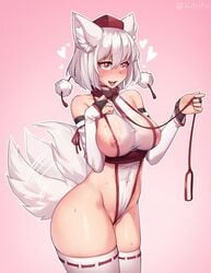 1girls animal_ears areolae blush breasts collar female female_only femsub happy_sub heart heart-shaped_pupils iwbitu leash momiji_inubashiri nipples pussy solo tailwag thighhighs touhou