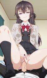 :3 ai_generated ass bangs bare_legs barefoot black_clothes black_hair breasts classroom clothing collared_shirt cowgirl_position dominant dominant_female evil_smile feet female female_on_top female_only foot_fetish foot_focus indoors jacket legs long_hair long_sleeves looking_at_viewer miniskirt neckerchief neckwear one_side_up panties panties_aside penis_in_pussy pervert_female pleated_skirt pov presenting_foot purple_eyes red_bow red_neckerchief red_neckwear school school_uniform skirt skirt_lift smile smug smug_face solo suggestive suou_yuki teeth thighs toes tokidoki_bosotto_russian_de_dereru_tonari_no_alya-san uniform vaginal_penetration white_shirt window