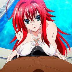 ai_generated breast_press breasts bulge bulge_penis cheating dark-skinned_male excited grabbing high_school_dxd interracial looking_at_viewer ntr pool provocative rias_gremory seductive smile