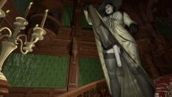 3d alcina_dimitrescu demanding_sex dominant_futa futanari lifting_dress lifting_skirt looking_at_viewer looking_down looking_down_at_viewer pale_skin resident_evil resident_evil_8:_village taller_female taller_futanari taller_than_viewer uncircumcised uncut viewer_from_below