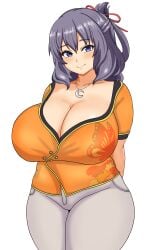 1girls arms_behind_back rixia_mao eiyuu_densetsu the_legend_of_heroes purple_hair purple_eyes solo female plump thick_thighs plump_breasts chubby chubby_female breasts big_breasts huge_breasts eclypse smile yellow_shirt cleavage necklace