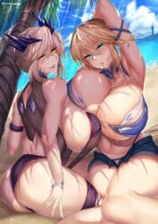 2girls armpits artoria_pendragon artoria_pendragon_(lancer) artoria_pendragon_(lancer_alter) ass beach bikini blonde_hair breast_press breasts bursting_breasts cleavage fate/grand_order fate_(series) gigantic_breasts green_eyes highres hirasawa_seiji huge_breasts jewelry navel thick_thighs thighs voluptuous yellow_eyes