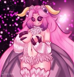 black_sclera blush female fur holding_breast large_breasts long_hair looking_at_viewer moth mothgirl naked nipples solo squeezing_breast wide_hips wings
