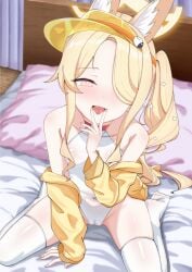 animal_ear_fluff animal_ears blonde_hair blue_archive breasts commentary_request female fox_ears fox_girl fox_tail halo jacket long_hair looking_at_viewer no_shoes official_alternate_costume one-piece_swimsuit open_clothes open_jacket open_mouth pink_eyes pussy saliva seia_(blue_archive) seia_(swimsuit)_(blue_archive) side_ponytail small_breasts solo sumikoto swimsuit tail thighhighs tongue tongue_out v v_over_mouth visor_cap white_one-piece_swimsuit white_thighhighs yellow_halo yellow_jacket