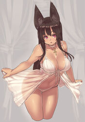 animal_ears ankh anubis_(houtengeki) babydoll black_hair blush breasts choker cleavage clothed clothing cropped_legs egyptian female female_only front-tie_top highres houtengeki jewelry kemonomimi large_breasts leaning_forward lingerie long_hair looking_at_viewer navel necklace negligee open_mouth original panties payot pink_eyes red_eyes shiny shiny_skin solo tan thigh_gap underwear