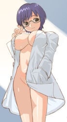 blue_hair bottomless breasts brown_eyes cleavage glasses hirose_(mokiki) huge_breasts kashimashi large_breasts mari_ayuki naked_shirt open_clothes open_shirt shirt short_hair