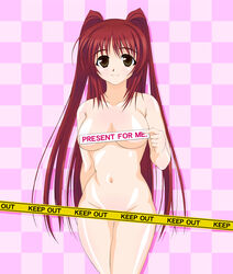 1girls blush breasts brown_eyes caution_tape face female keep_out kousaka_tamaki large_breasts long_hair nude pointy_chin red_hair solo to_heart_(series) to_heart_2 yamaguchi_homupe