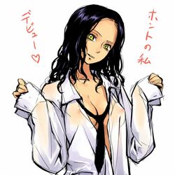 1girls breasts cleavage curly_hair kaitou_sai long_hair majin_tantei_nougami_neuro mosha necktie nipples no_bra open_clothes open_shirt purple_hair see-through shirt sleeves_past_wrists translated yellow_eyes