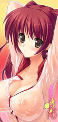 breasts brown_eyes cleavage clothing kousaka_tamaki large_breasts nipple nipples no_bra pointy_chin red_hair see-through see-through_clothing tied_hair to_harent_+_te_2 to_heart_(series) to_heart_2 twintails wet wet_clothes yoshiwo