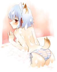 1girls against_wall animal_ear ass back bath bent_over blue_hair blue_panties blush breasts female fox_ear kotonomiya_yuki looking_back maid_headdress panties red_eyes short_hair side-tie_panties sideboob soap solo striped striped_panties suigetsu topless underwear underwear_only wet