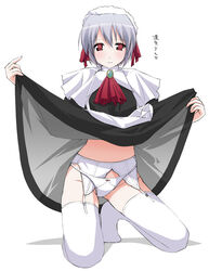 apron black_dress blue_hair blush bow bow_panties brooch dress dress_lift garter_belt hair_ribbon headdress jewelry kneeling kotonomiya_yuki lingerie maid panties red_eyes ribbon short_hair skirt skirt_lift solo stockings suigetsu thighhighs underwear white_legwear white_panties white_thighhighs