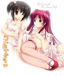 2girls apron black_hair brown_eyes female kousaka_tamaki long_hair multiple_girls naked_apron namamo_nanase red_hair short_hair stockings thighhighs tied_hair to_heart_(series) to_heart_2 tomoeda twintails wink yuri yuzuhara_konomi zettai_ryouiki