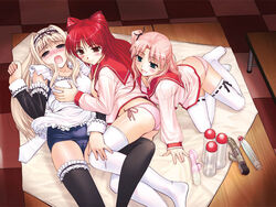 3girls all_fours apron ass ass_cleavage black_legwear black_thighhighs blonde_hair blue_eyes blush breast_grab breasts brown_eyes butt_crack cameltoe checkered clothing dildo female garters hair_ornament hairclip jpeg_artifacts kousaka_tamaki kusugawa_sasara long_hair lowleg lowleg_panties lying maaryan maid maid_headdress multiple_girls no_pants on_back one-piece_swimsuit open_clothes open_mouth open_shirt panties pink_hair pink_panties red_hair sasayuki school_swimsuit school_uniform seifuku serafuku sex_toys shirt side-tie_panties side_ponytail sideboob stockings striped striped_panties swimsuit swimsuit_under_clothes table tear thighhighs to_heart_(series) to_heart_2 underwear very_long_hair vibrator white_legwear white_thighhighs yuri