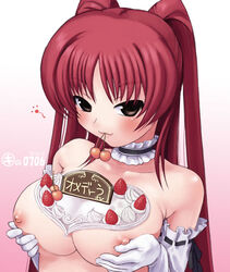 1girls breast_grab breast_squeeze breasts brown_eyes cherry choker dessert elbow_gloves female food fruit gloves kei_jiei kousaka_tamaki large_breasts long_hair mouth_hold nipples red_hair solo strawberries strawberry to_heart_(series) to_heart_2