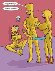 1boy 2girls alternate_breast_size bart_simpson bondage bound breasts cloth_gag female gag gagged high_heels human incest large_breasts large_penis lisa_simpson maggie_simpson male nipple_piercing penis piercing questionable_consent strap-on the_fear the_simpsons tied_up yellow_body