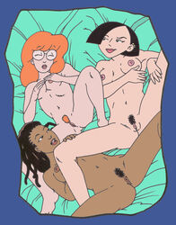 3girls color colored daria daria_morgendorffer dark-skinned_female dark_skin female glasses interracial jane_lane jodie_landon karstens medium_breasts multiple_girls nude pubic_hair threesome uncensored yuri