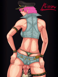 1futa back_view blue_eyes capcom color cum denim_shorts denim_vest dickgirl final_fight futa_only futanari hat human intersex looking_back panties pink_hair poison_(final_fight) short_hair short_shorts smooth_skin solo straight_hair street_fighter tagme thong