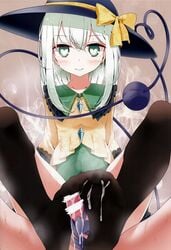 black_legwear breath censored cum cum_on_body cum_on_lower_body eyeball feet female footjob green_eyes green_hair hat hat_ribbon heart heart-shaped_pupils heart_of_string highres koishi_komeiji long_sleeves looking_at_viewer no_shoes oouso_(usotsukiya) penis ribbon scan shirt short_hair simple_background skirt smile spread_legs string sweat symbol-shaped_pupils thighhighs third_eye touhou vest wide_sleeves