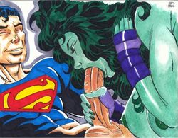 1boy 1girls big_breasts breasts crossover dc_comics fellatio female green_skin hulk_(series) male marvel marvel_comics oral rob_durham she-hulk straight straight_hair superman superman_(series) tight_throat