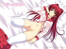 bed blush bottomless brown_eyes censored clothing kousaka_tamaki masakichi_(crossroad) no_pussy pillow red_hair school_uniform serafuku skirt solo stockings thighhighs tied_hair to_heart_(series) to_heart_2 twintails undressing