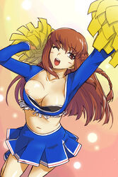 braid breasts brown_eyes brown_hair cheerleader michael_f91 midriff navel nintendo nipple_slip nipples osu!_tatakae!_ouendan osu_tatakae_ouendan ouendan pointy_chin pom_poms sayaka_amemiya wink