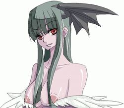 clothing darkstalkers earrings eyebrows_visible_through_hair green_hair headwings large_breasts long_hair morrigan_aensland niwacho no_bra red_eyes smile succubus tagme white_background