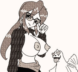 black_and_white dewgong elite_four glasses heart_eyes human human_only large_breasts lorelei_(pokemon) monochrome pokemon pokemon_rgby ponytail top_pulled_down tuxedomoroboshi