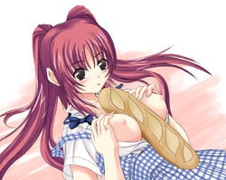 1girls between_breasts bread breasts clothing date_(artist) female food food_between_breasts kousaka_tamaki large_breasts solo tied_hair to_heart_(series) to_heart_2 tongue twintails what