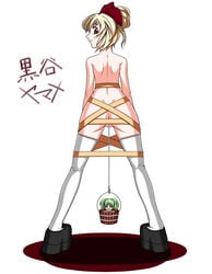 2girls back bare_back blank_background blonde_hair bucket girl_in_bucket hair_ribbon hair_ribbons hairbow in_bucket in_container japanese japanese_text kisume looking_back minigirl naked_ribbon no_humans nude platform_footwear platform_shoes ribbon ribbons subterranean_animism team_shanghai_alice thighhighs touhou translated white_background yamame_kurodani youkai