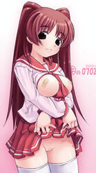 1girls bandaid bandaid_on_pussy bandaids_on_nipples breasts brown_eyes clothing color female kei_jiei kousaka_tamaki large_breasts long_hair maebari no_panties open_clothes open_shirt pasties red_hair school_uniform serafuku shirt skirt skirt_lift solo stockings thighhighs to_heart_(series) to_heart_2