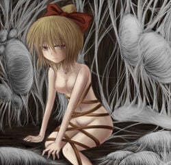 1girls blonde_hair bow breasts cocoon collar creepy female female_focus female_only hairbow nipples nude red_bow red_eyes ribbons shimo_(depthbomb) short_hair solo spider_girl spider_web subterranean_animism team_shanghai_alice touhou web yamame_kurodani youkai