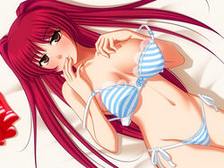 bikini blush bra brown_eyes female ito_hajime kousaka_tamaki large_breasts lingerie long_hair lying off_shoulder panties pointy_chin red_hair side-tie_panties solo striped striped_panties swimsuit to_heart_(series) to_heart_2 underwear undressing