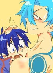 blue_eyes blue_hair breast_press breasts kamina large_breasts nude oekaki open_mouth red_eyes rule_63 short_hair simon_(tengen_toppa_gurren_lagann) tattoo tehryu tengen_toppa_gurren-lagann tengen_toppa_gurren_lagann