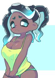 1girls alternate_eye_color blue_eyes blushing dark-skinned_female dark_skin female marina_(splatoon) nintendo octoling pulling_down_shirt solo splatoon splatoon_2 tagme whichdoll white_background