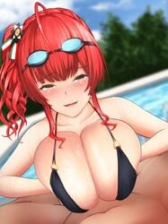 1boy ahoge animated animated asymmetrical_hair azur_lane bangs bikini black_bikini black_swimsuit blush bouncing_breasts breast_rest breasts brown_eyes clavicle cleavage eyebrows_visible_through_hair female female goggles goggles_on_head huge_breasts long_hair looking_at_viewer male masturbation open_mouth outdoors paizuri penis ponytail pool pov precum red_hair sex shikakui_kyomu side_ponytail smile solo_focus straight straight swimsuit tied_hair uncensored wet zara_(azur_lane) zara_(poolside_coincidence)_(azur_lane)