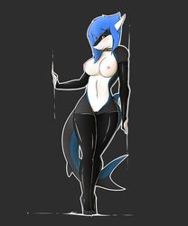 anthro armwear blue_hair blush breasts bridal_gauntlets clothing collar female fish furry hair half-closed_eyes hi_res marine mostly_nude nipples pussy rubber shark solo sophie_(zigzagmag) standing toeless_legwear zigzagmag