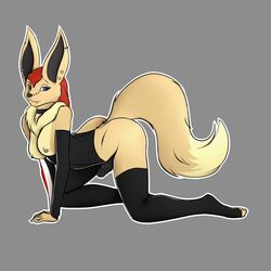 1:1 1futa all_fours alternate_color anthro ass big_ass big_ears black_gloves black_penis black_thighhighs blue_eyes bodysuit breasts brown_fur choker clothes clothing corrine ear_piercing eevee eye_contact eyelashes feet fur furry futa_only futanari gloves grey_background hair half-closed_eyes heterochromia hi_res humanoid_penis intersex legwear long_ears long_hair looking_at_viewer nintendo nipples original_character paws penis piercing piercings pokémon_(species) pokemon pokemon_(species) pokemon_rgby red_hair smile solo tail thighhighs toeless_legwear video_games white_border wide_hips zigzagmag