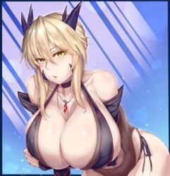 1girls artoria_pendragon artoria_pendragon_(lancer_alter) bikini blonde_hair breast_hold breasts bursting_breasts cleavage fate/grand_order fate_(series) female gigantic_breasts highres hirasawa_seiji huge_breasts jewelry leaning_forward necklace solo yellow_eyes