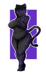 anthro big_breasts black_fur black_hair black_penis blush breasts catherine_(secretlucan) felid fur futanari gynomorph hair hi_res intersex leopard mammal navel nipples nude pantherine penis purple_eyes purple_fur purple_nipples purple_nose purple_tongue slightly_chubby solo standing tongue whiskers zigzagmag