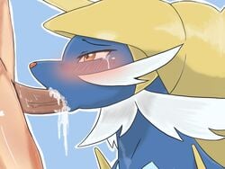 ambiguous_gender blue_background blue_skin blush crying crying_with_eyes_open cum_in_mouth denbukuro forced interspecies male_on_feral oral orange_eyes pokémon_(species) pokemon pokemon_bw pokephilia samurott whiskers