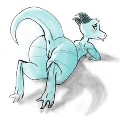 anthro ass big_butt blep blush digital_media_(artwork) dragon dubindore female horn huge_butt kobold lizard looking_at_viewer looking_back low_res nude presenting pussy reptile scalie solo thick_thighs tongue tongue_out wide_hips