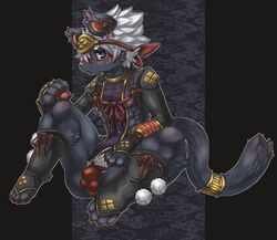 2019 anthro anus armwear bandana black_fur blue_eyes blush bulge clothed clothing digital_media_(artwork) digitigrade felid feline fundoshi fur hair headgear headwear hi_res japanese_clothing kemono kosian looking_at_viewer male male_only mammal pubes scar simple_background sitting solo underwear white_hair