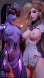 2girls 3d areolae blender bodysuit breasts dreamrider female female_only looking_at_viewer mercy nipples overwatch pussy torn_bodysuit torn_clothes widowmaker