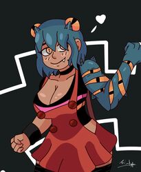 1girls 4_eyes big_breasts blue_hair cat_eyes cleavage dark_skin dazey fully_clothed monster_girl pinup red_dress short_hair squid_girl tan_skin yellow_eyes