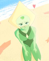 breasts camel_toe cameltoe cartoon_network cute gem_(species) ocean on_knees peridot_(steven_universe) perspective sand shiny_skin shy skin_tight snowwwy_(artist) steven_universe thick_thighs thighs