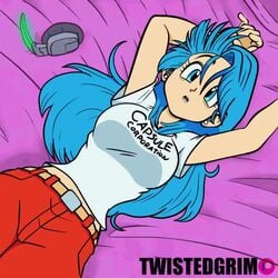 1girls 2d animated ass bare_arms bed blue_eyes blue_hair breasts bulma_briefs bulma_briefs_(post_saiyan_saga) busty cameltoe capsule_corporation_logo clothing covered_breasts covered_pussy curvy dragon_ball dragon_ball_z embarrassed eyewear_removed feet female female_only jeans large_breasts legs_up long_hair looking_at_viewer mp4 no_sound open_mouth pants red_pants scouter shirt socks solo t-shirt twistedgrim video voluptuous white_shirt