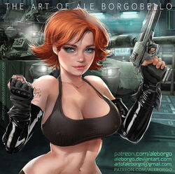 1girls aleborgo blue_eyes breasts cleavage curvy female female_only fingerless_gloves gloves gun hips large_breasts looking_at_viewer meryl_silverburgh metal_gear_solid navel nipple_bulge nipples_visible_through_clothing short_hair solo tagme thick video_games weapon