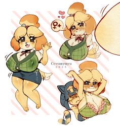 2girls adorable animal_crossing ankha ankha_(animal_crossing) anthro armpits arms_up big_breasts breast_grab breasts clothed clothed_female creamymyu cute heart isabelle_(animal_crossing) nintendo short_hair shortstack smile tail thick_thighs thighs yellow_fur yellow_hair yuri