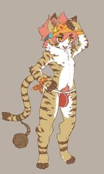 2019 anthro armwear bell bulge clothed clothing digitigrade felid feline felis fur hair hat headgear headwear hi_res humanoid_penis jockstrap kemono kosian looking_at_viewer male male_only mammal navel neck_tuft nipples penis pubes red_hair simple_background smile solo striped_fur stripes tuft underwear white_fur